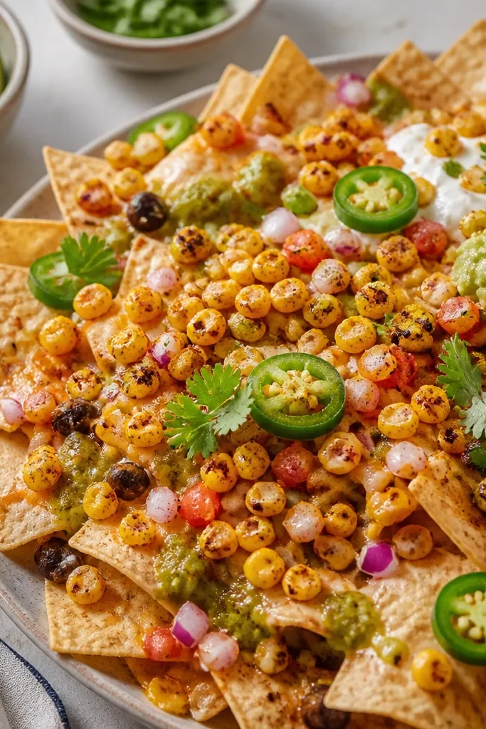 Yellow corn kernels mixed with a little chili powder and lime are sprinkled over nachos. The corn looks dry and lightly toasted, not wet.
