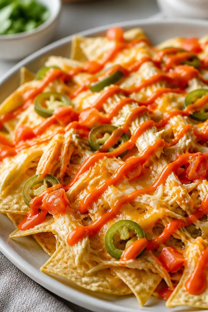 A thin orange-red drizzle zig-zagged across nachos. The sauce looks glossy and slightly thick, catching the light over cheese and chicken.