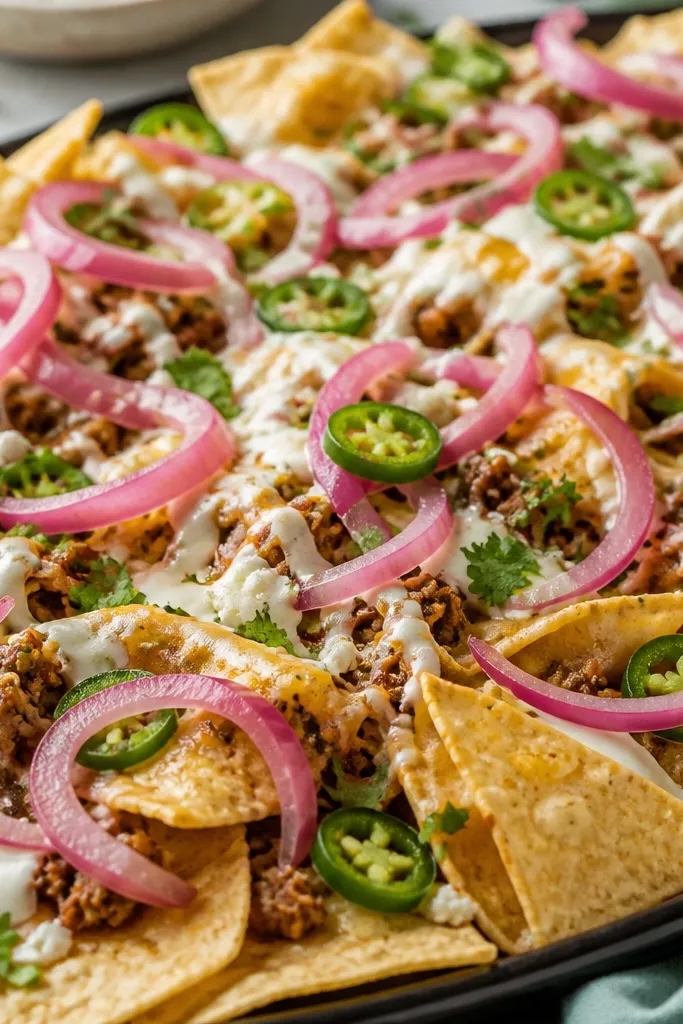 Thin slices of pickled red onion scattered across nachos. The onion looks pinkish-purple and shiny, with visible rings and a slight translucency.