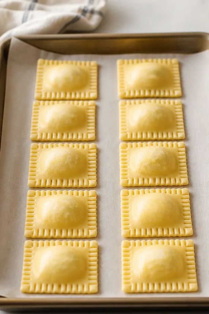 A half sheet pan lined with parchment, holding two neat rows of small cheese ravioli. Each ravioli has crimped edges from a fork press, and you can see tiny white cheese dots at the center through the thin pasta.