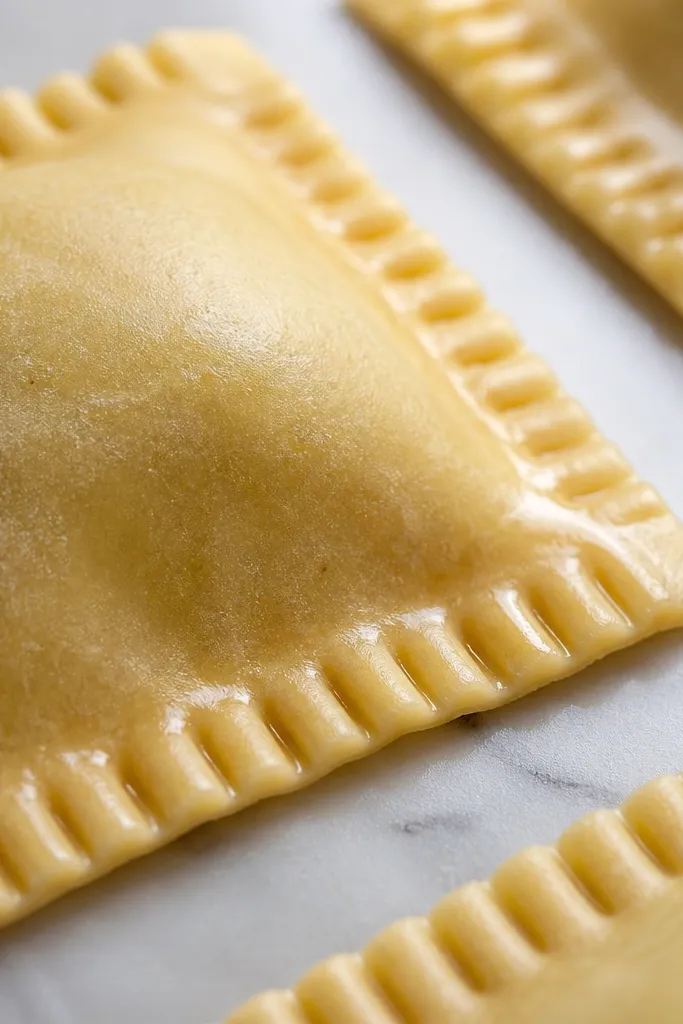 Close-up of ravioli edges pressed with fork tines. The crimp forms a repeating pattern, and there's a faint glossy seam line where egg wash was brushed.