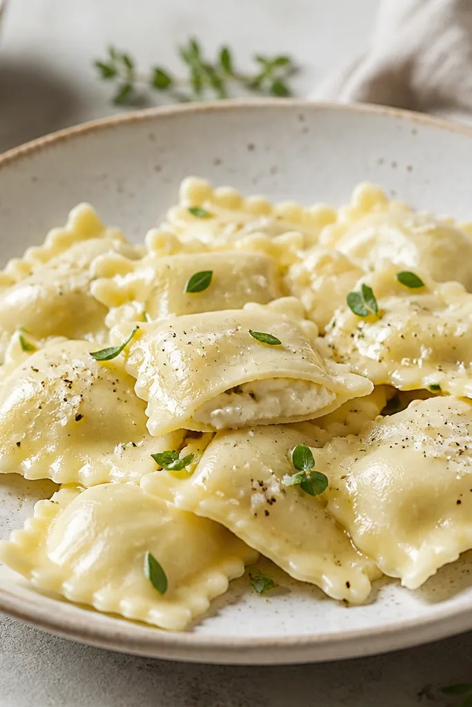 A plate of cooked ravioli with a few visible cheese flecks at the center. The filling looks creamy and slightly stringy where it melted into the pasta.