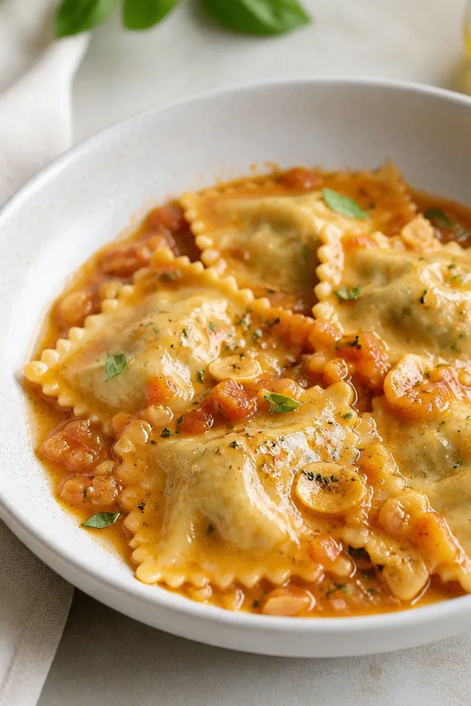 A shallow bowl with a light tomato-garlic sauce, glossy but not red-heavy. Several ravioli sit on top, and you can still see the crimped edges.