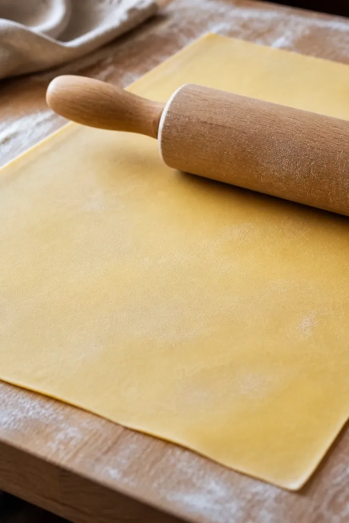 A wooden board dusted lightly with flour, with a thin sheet of pasta stretched and squared. A rolling pin glides across the sheet, and you can see the sheet's thinness at the edges.