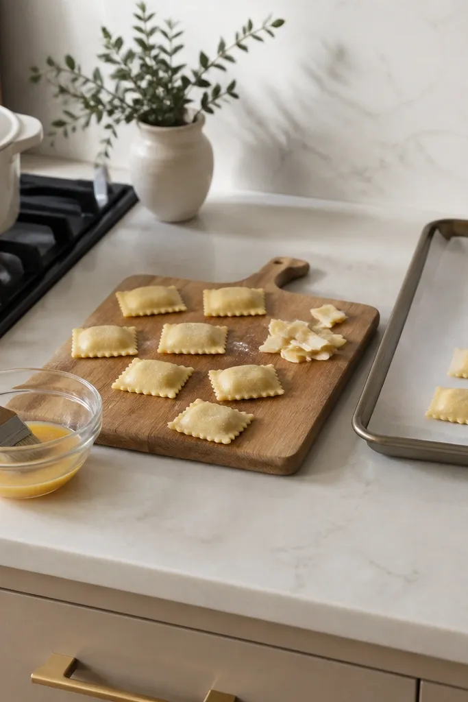 A compact setup: a small cutting board near the stove, a sheet pan with parchment to the side, and a small bowl of egg wash. The counter is uncluttered and the pasta stays within the work zone.