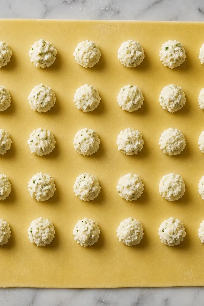 A top-down shot of a ravioli sheet with small mounds of cheese filling placed in a grid. The filling mounds are the same height and distance from each other.