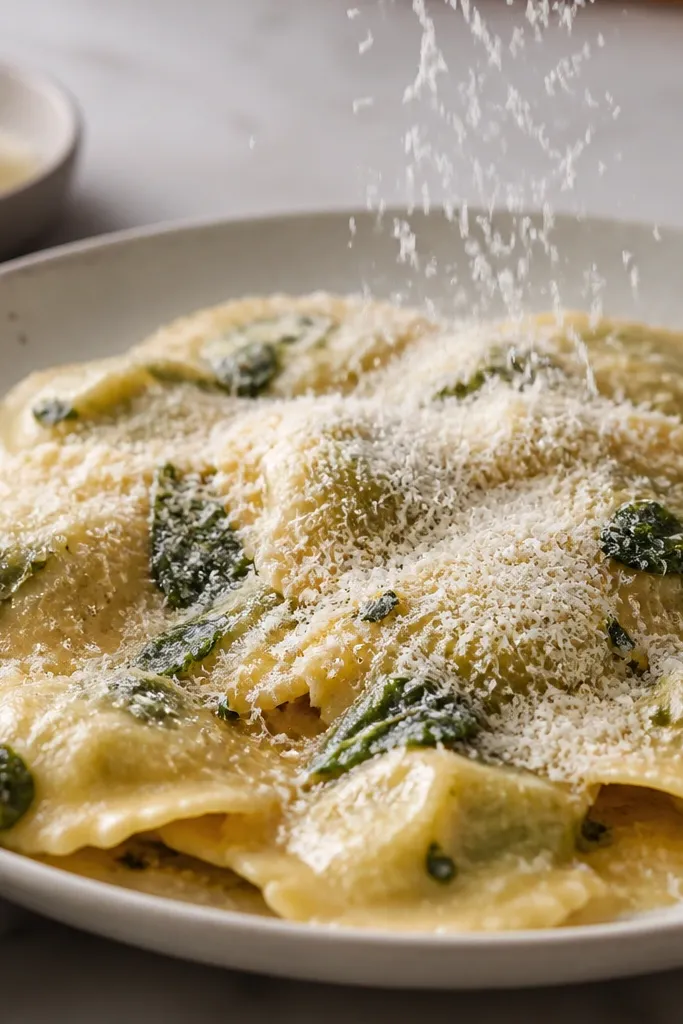 A plated serving where finely grated Parm falls like snow over hot ravioli. The cheese dust sticks to glossy sauce spots and looks even across the plate.