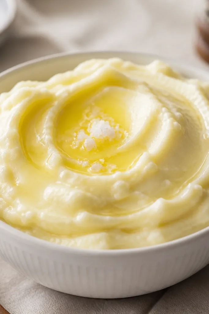 A white bowl filled with smooth mashed potatoes, glossy and slightly thick, topped with a small puddle of melted butter and a sprinkle of flaky salt. The lighting makes the surface shine.