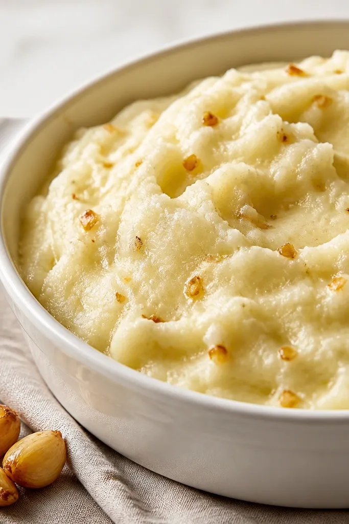 Mashed potatoes with visible tiny golden garlic bits scattered throughout, piled in a casserole dish with a light sheen. A few whole roasted garlic cloves sit on the side.