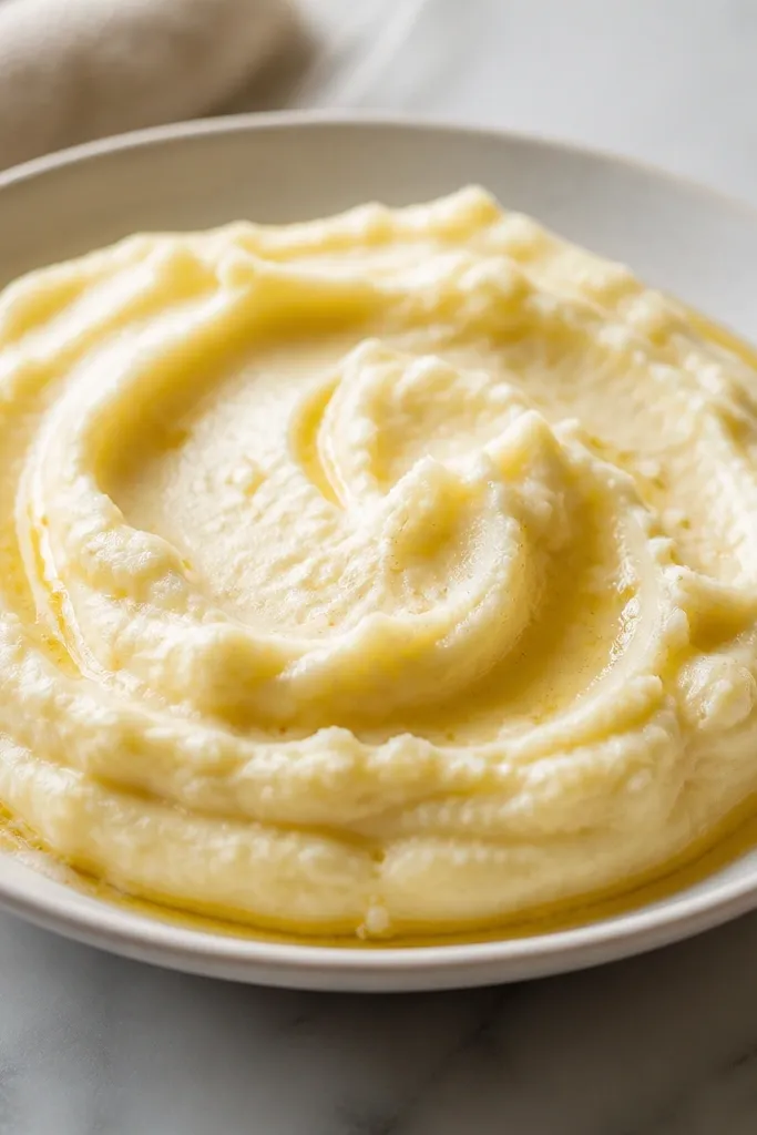 A mound of mashed potatoes in a shallow dish with a thin ring of browned butter at the edges. The color is creamy with faint golden tones where the butter pooled.