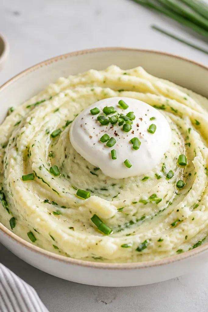 A creamy white mash with a visible green swirl from chopped chives, plus a dollop of sour cream on top. The bowl looks bright and fresh.
