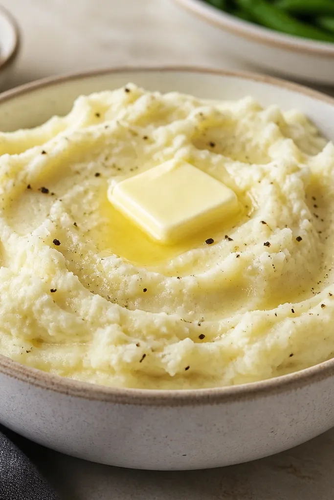 Mashed potatoes with visible black pepper specks throughout, topped with a small pat of butter melting into the surface.