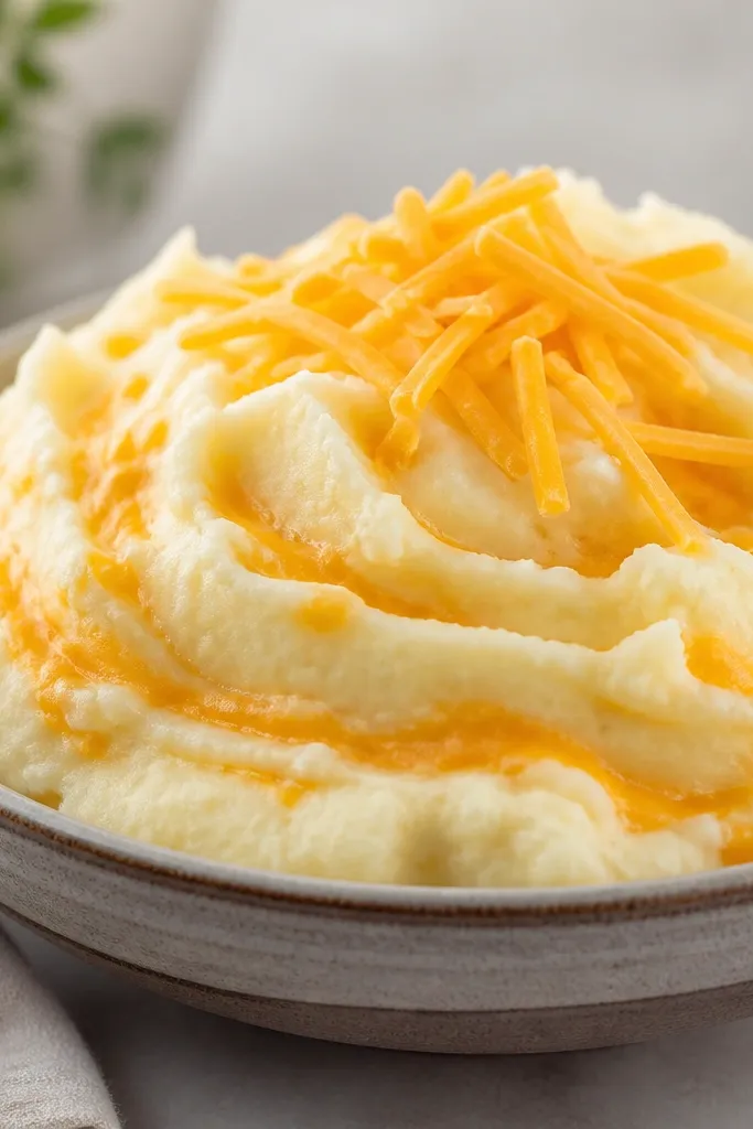 Mashed potatoes with orange cheddar streaks running through the mound, like melted lines. A sprinkle of shredded cheddar sits on top.