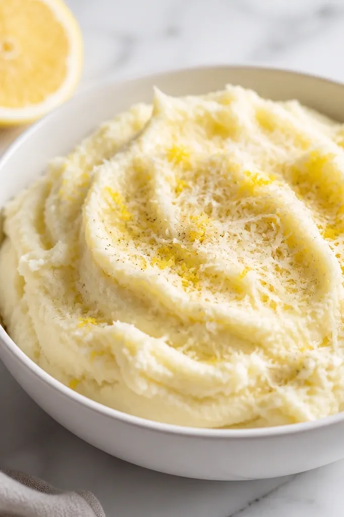 A pale creamy mash with a dusting of finely grated parmesan and tiny yellow zest flecks. The bowl has a clean, bright look.