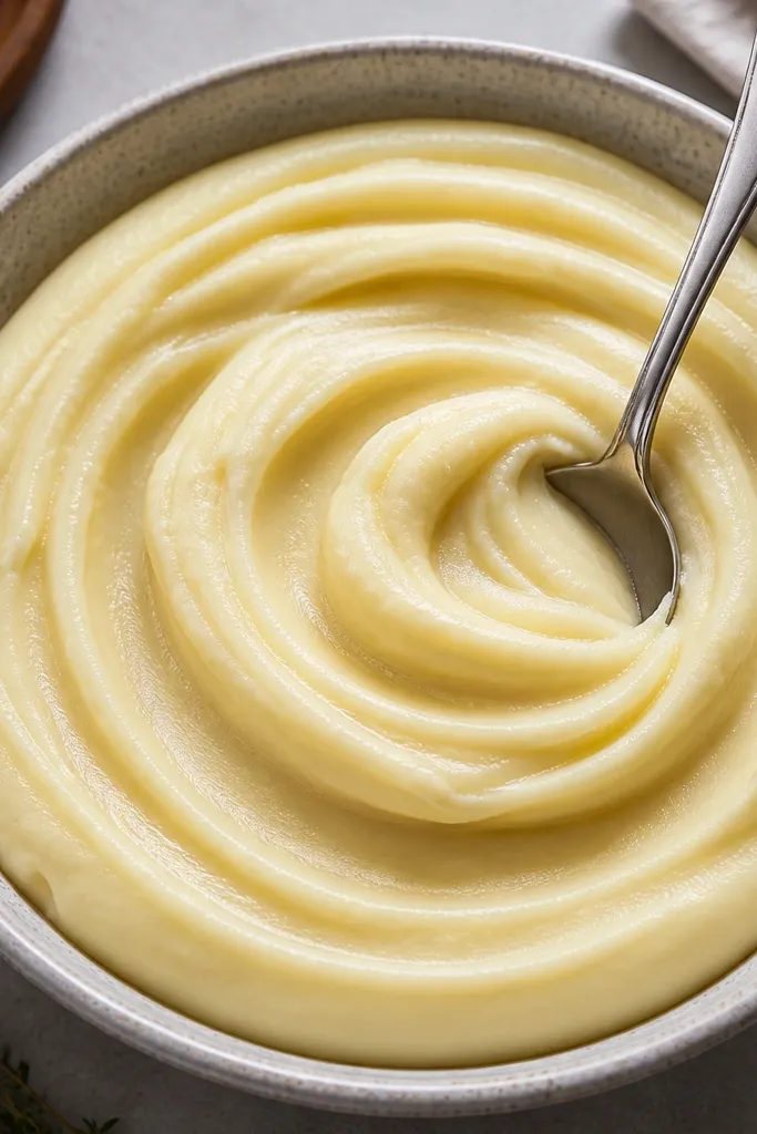 A very smooth mash with a tight swirl pattern from a spoon, glossy and thick like frosting. No lumps, clean edges in the bowl.