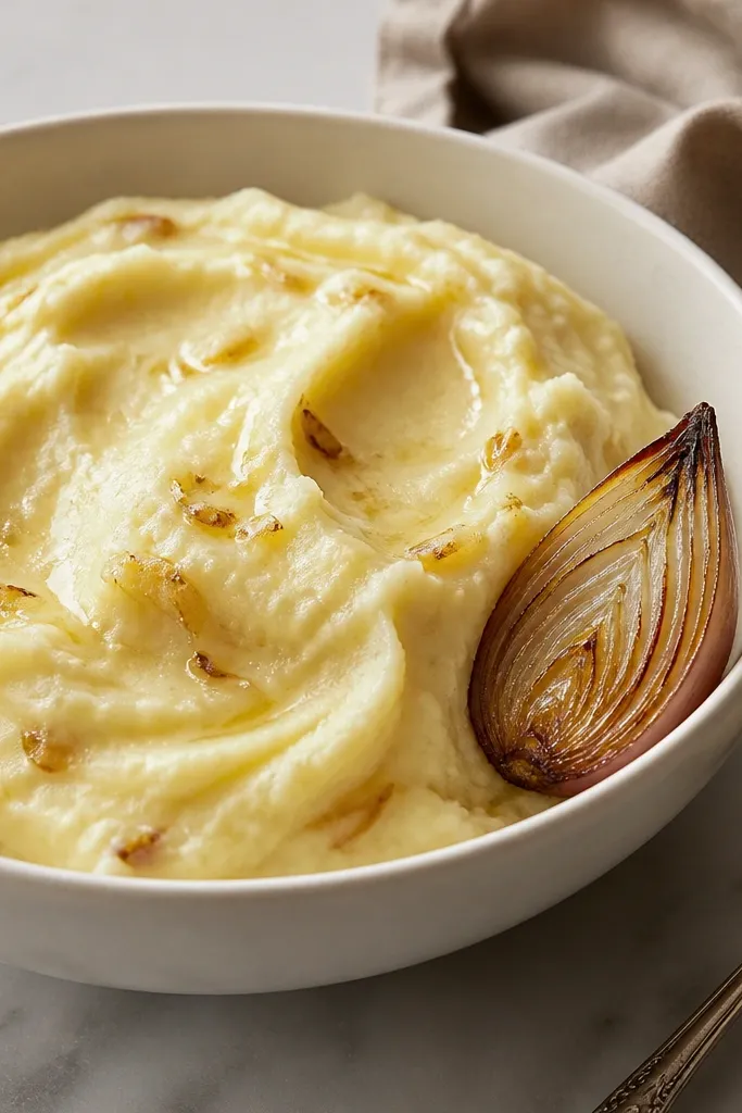 Mashed potatoes with a glossy surface and small browned shallot pieces mixed through. A halved roasted shallot sits on the edge of the serving dish.