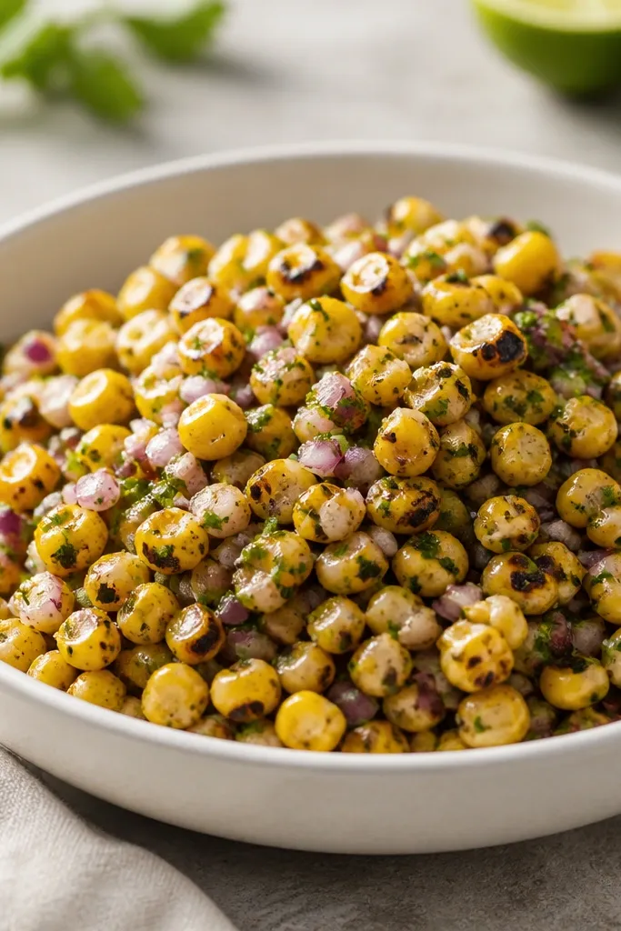A shallow white bowl filled with roasted corn salsa. Corn kernels show golden and dark-brown char spots. Black flecks of pepper and tiny red onion bits are visible, with a glossy lime-green sheen.