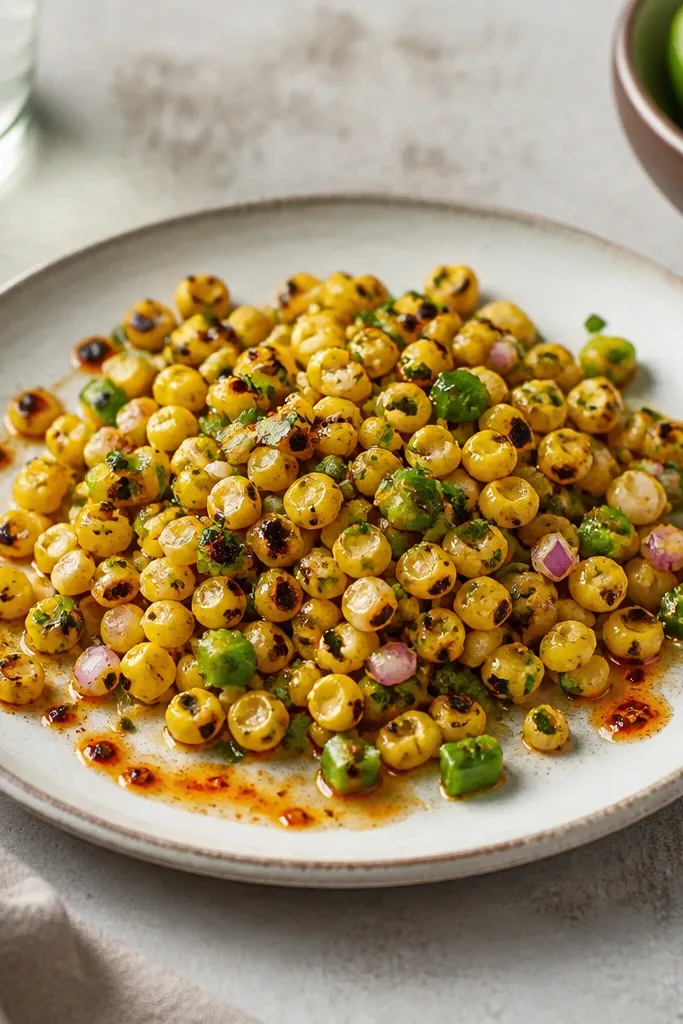 Roasted corn salsa on a small plate. The surface has a few streaks of red chili oil and scattered diced jalapeño. The corn is mostly golden with some dark char marks.