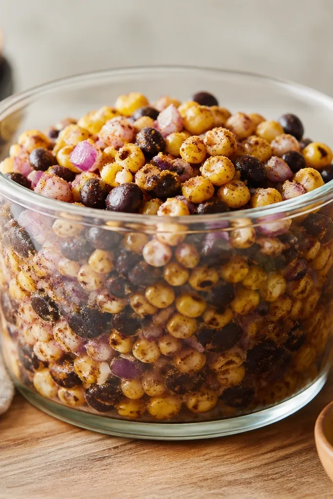 A glass container with layered visibility: roasted corn and black beans mixed with visible cumin dusting and red onion. The mixture looks thick and cohesive, not runny.