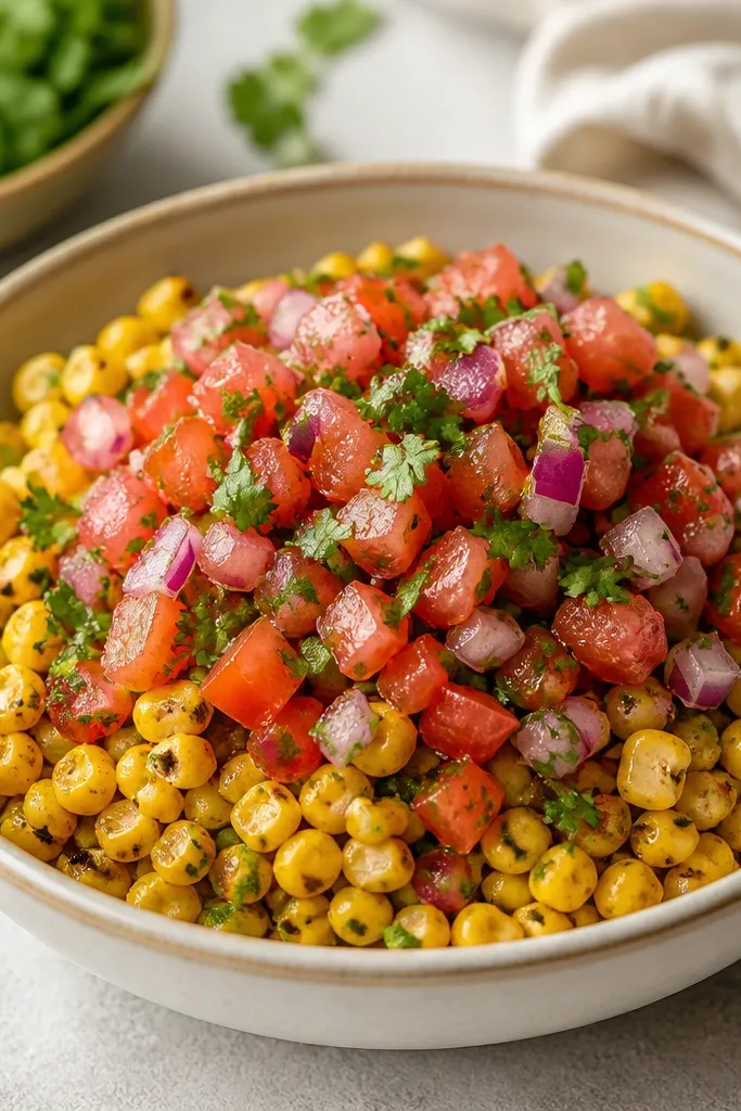 A bowl of roasted corn salsa topped with a mound of diced tomatoes, red onion, and chopped cilantro. The corn base is visible around the edges, with tomato pieces catching light.