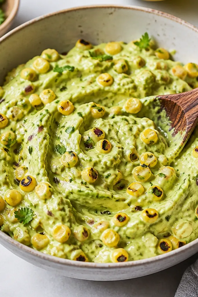 A bowl where creamy avocado is folded through roasted corn salsa in soft green swirls. Corn still shows distinct char spots and individual kernels.