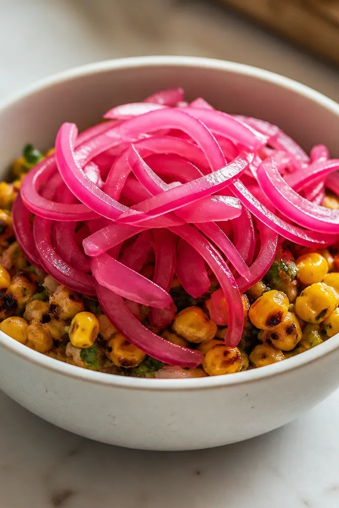 A bowl where roasted corn salsa has a bright magenta pickled red onion layer on top. The corn underneath is golden with dark spots.