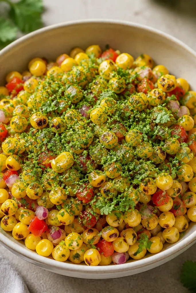 A bowl with a green cilantro-lime mixture sprinkled over the roasted corn salsa like a light cloud. Corn kernels are still clearly visible beneath.