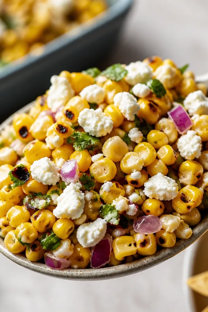 A casserole-style serving spoon holding roasted corn salsa with feta crumbles scattered on top. The feta looks white and slightly creamy against darker char spots.