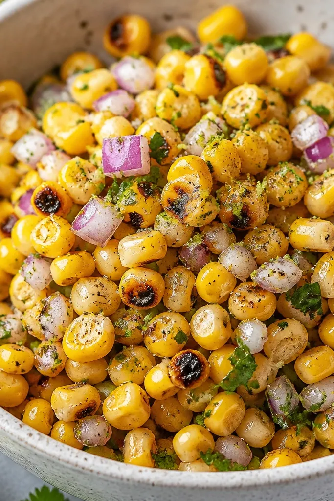 A close-up of roasted corn salsa with a visible sprinkle of coarse black pepper and tiny lime zest flecks on top. Corn kernels and onion bits are clearly defined.