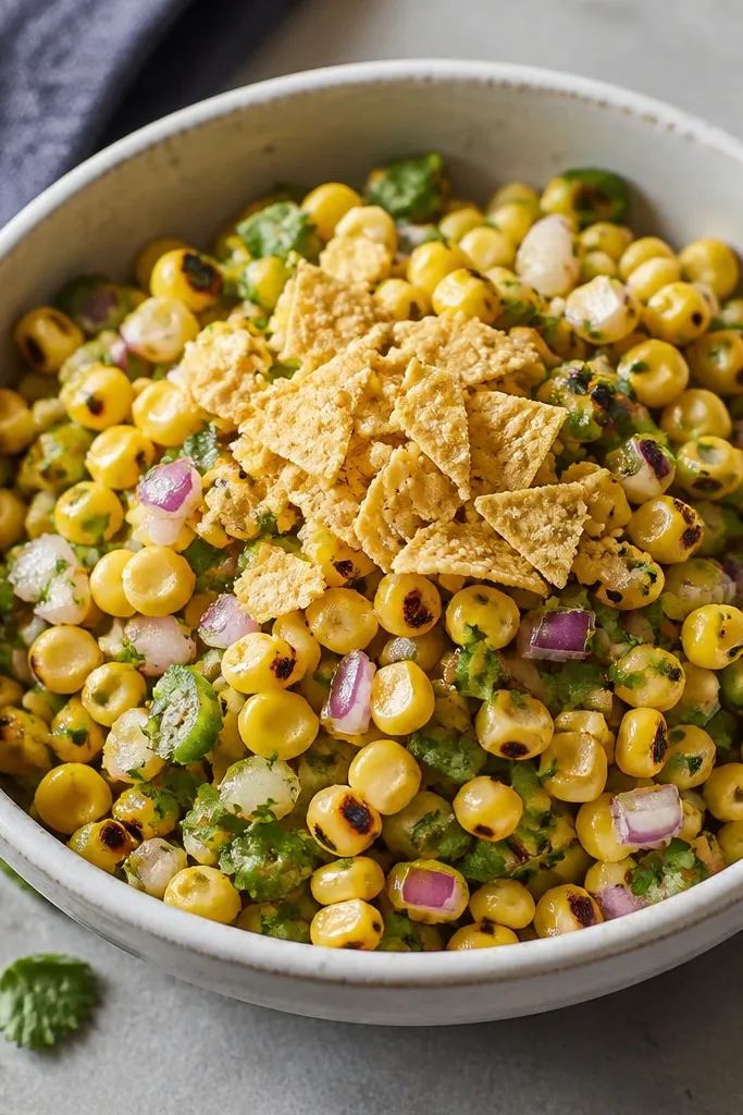 Roasted corn salsa in a bowl with a small pile of crushed tortilla chips on top. The corn shows char spots, and you can see onion and jalapeño bits.