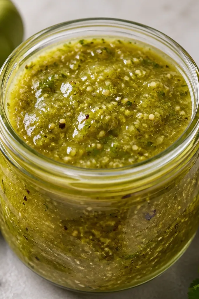 A glass jar of salsa verde with thick, bright green sauce. You can see browned tomatillo bits and tiny pale seeds and flecks of green jalapeño throughout. The surface has a glossy sheen under kitchen light.