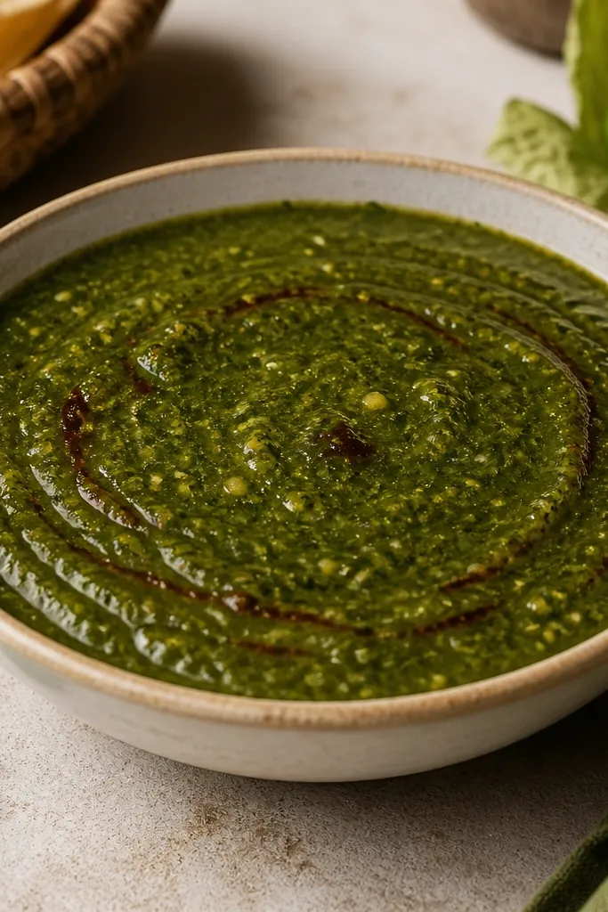 A shallow bowl of salsa verde with a deep forest-green color. Thin lighter-green streaks and a few darker reddish-brown streaks from chipotle are visible, like faint swirls across the surface.