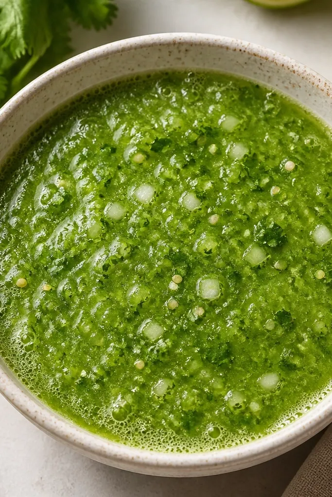 A bowl of salsa verde with a vivid spring-green color. You can see chopped cilantro leaves and small translucent onion pieces. The surface looks fresh and slightly foamy around the edges.