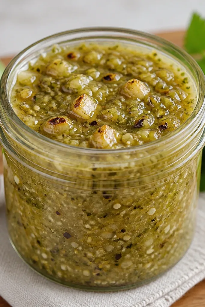 A jar filled with chunky salsa verde where you can clearly see small roasted garlic pieces. The sauce is medium-thick, not runny, with a mix of green and light tan flecks.