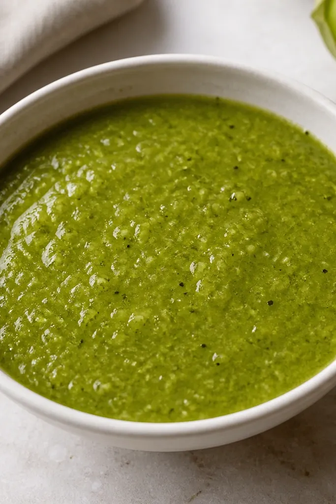 A minimalist bowl of salsa verde that looks uniformly bright green with minimal visible onion. The surface is glossy and thick, with tiny black specks from roasted peppers.