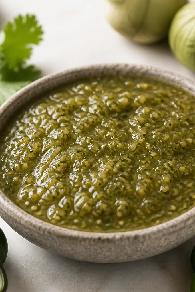 Salsa verde with a slightly darker green tone and visible tiny serrano seeds suspended throughout. The sauce is thicker than typical jar salsa and has a bumpy texture.
