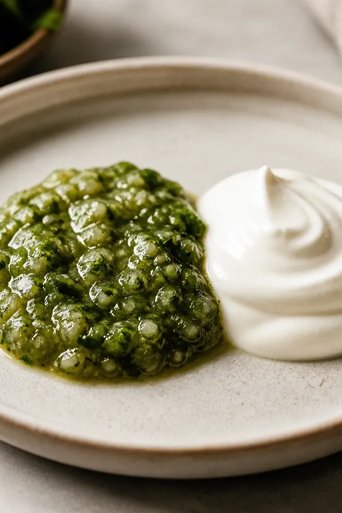 A plate where salsa verde sits in a small mound next to a dollop of sour cream. There's a clear contrast: green salsa with chopped herbs and a smooth white cream swirl.