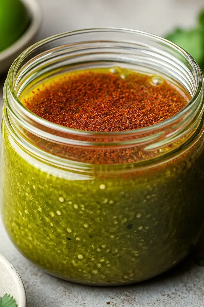 A jar of green salsa verde with a dusting of red chile powder on top. The powder sits like a thin red layer, with a few green bubbles beneath the surface.