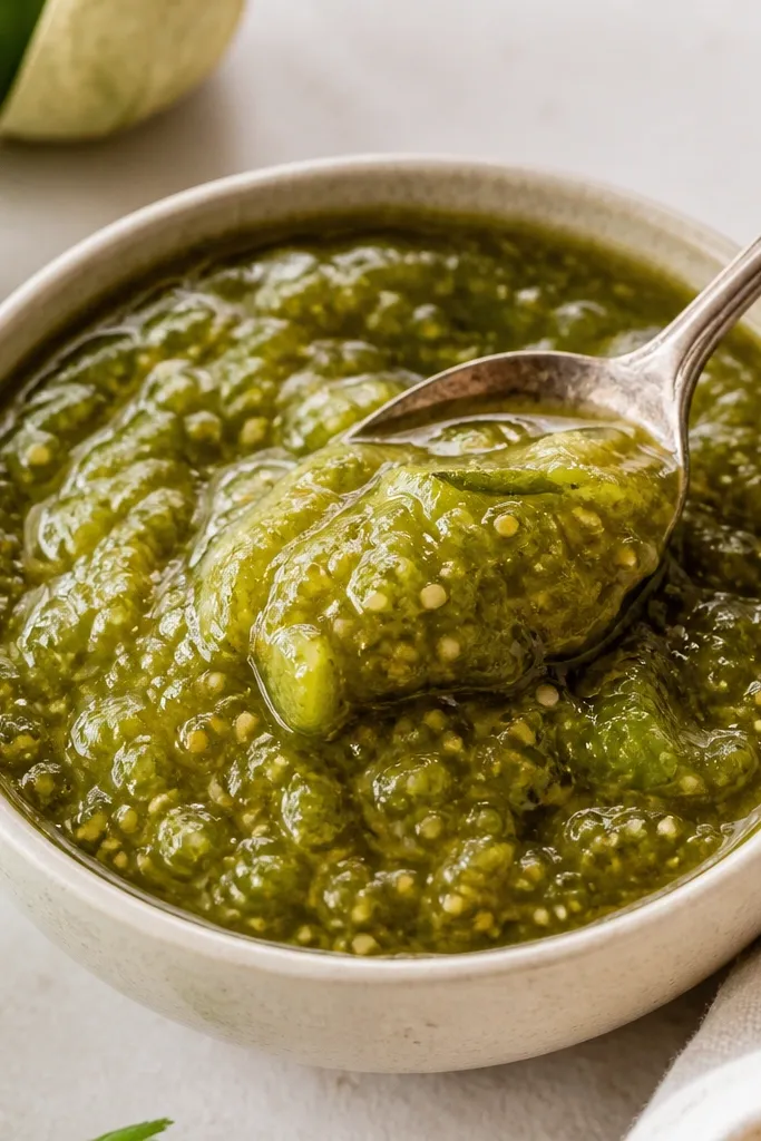 Salsa verde in a small container with a spoon pressed into it. The salsa holds its shape and shows a thick, glossy consistency with visible tomatillo chunks.