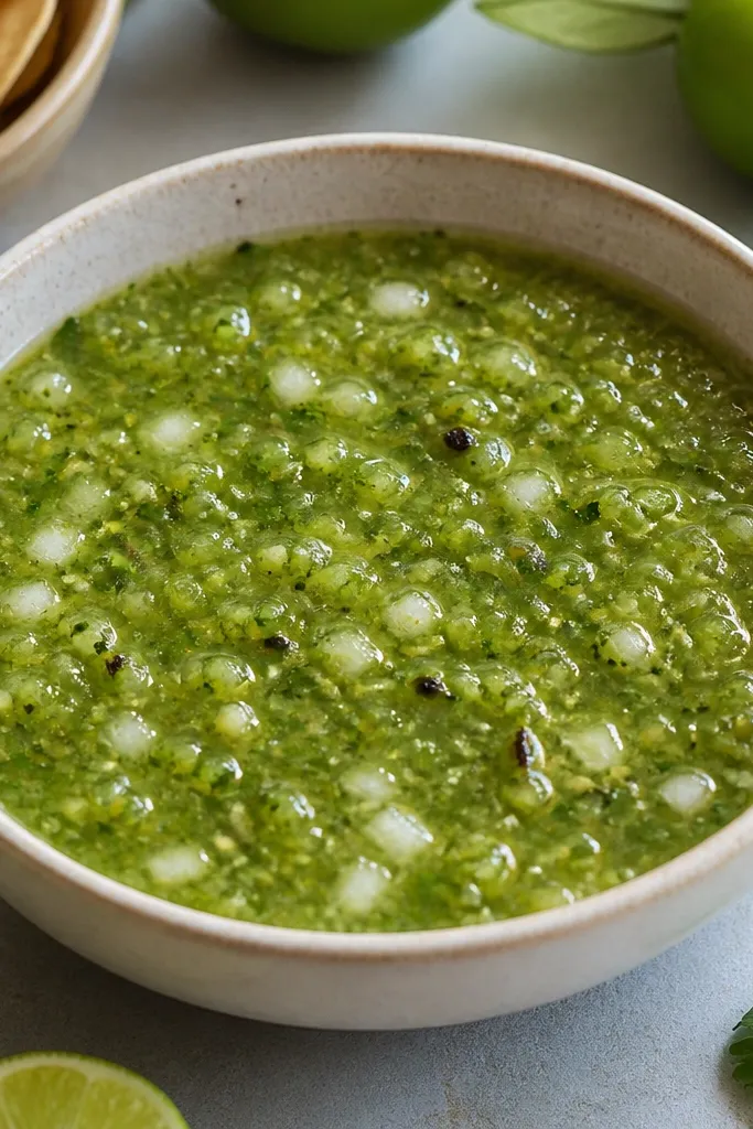 A bowl of salsa verde where you can see small diced onion pieces and tiny chopped roasted pepper bits. The green looks medium-bright, with scattered pale onion cubes.