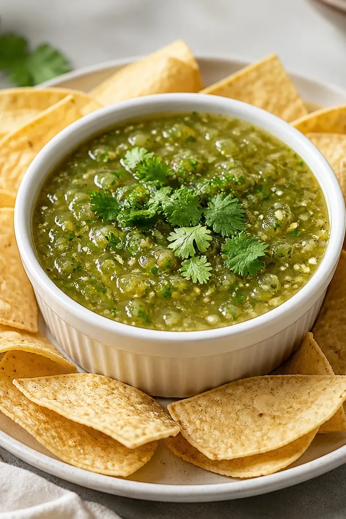 A small white ramekin filled with chunky salsa verde, topped with visible cilantro leaves and tiny tomatillo seeds; tortilla chips sit in a loose ring around it.