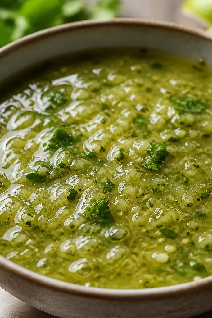 A close-up bowl where salsa verde looks glossy and thick, with cilantro strands floating and small lime juice droplets catching light near the rim.