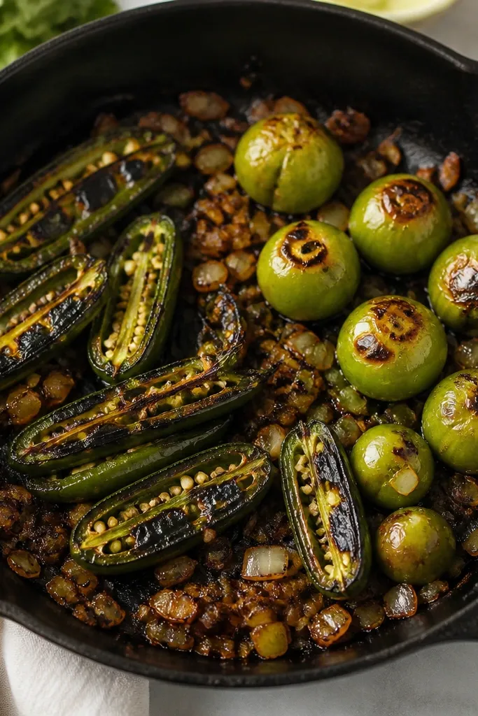 A cast-iron skillet with jalapeño halves showing black char ribbons, next to tomatillos browning at the edges; everything is surrounded by browned onion bits.