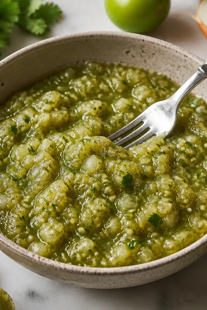 A bowl where the salsa verde is visibly mashed with a fork, showing tomatillo chunks the size of beans and onion bits; cilantro is speckled throughout.