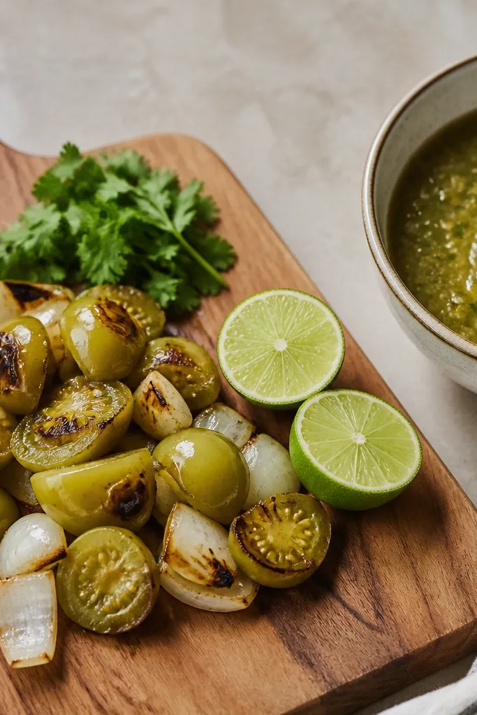 A cutting board with roasted tomatillos and onion chopped by knife, a small pile of cilantro, and a lime cut in half; a bowl of salsa sits beside it.