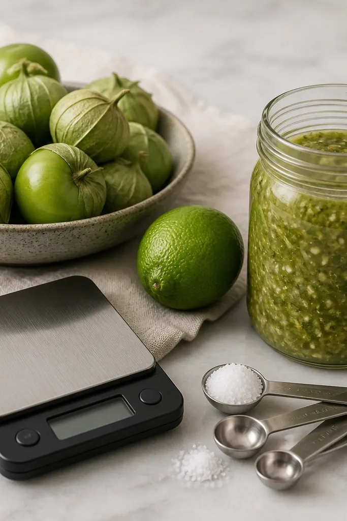 A small kitchen scale and measuring spoons next to a jar of salsa verde; labels show 12 tomatillos, 1 lime, and measured salt.