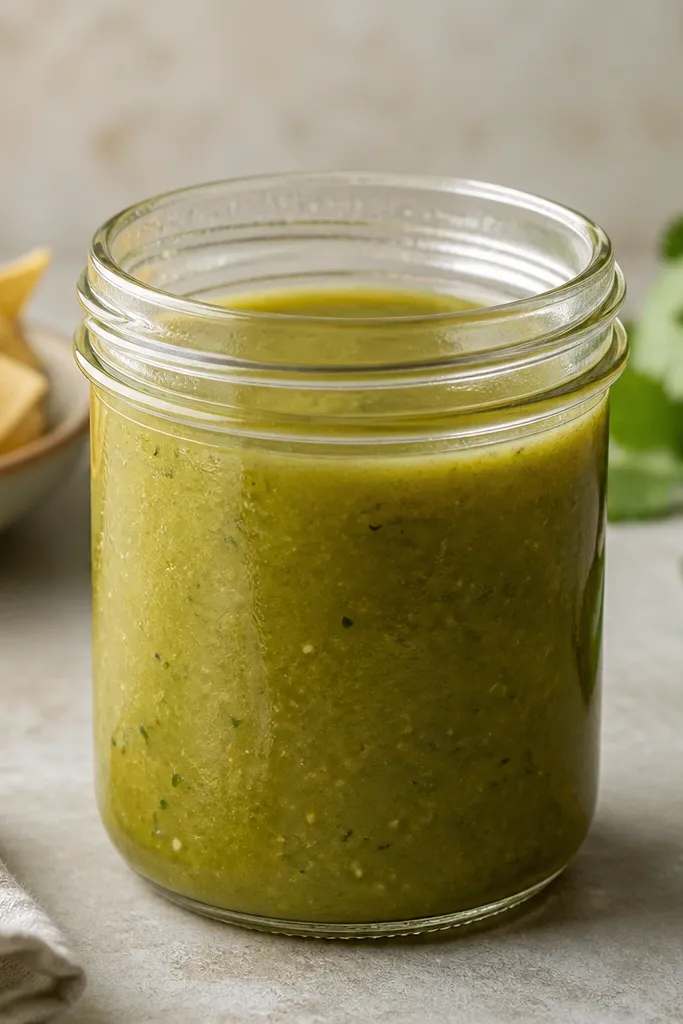 A glass jar filled with salsa verde, with a thin condensation ring on the inside of the lid; the salsa surface is smooth and green.