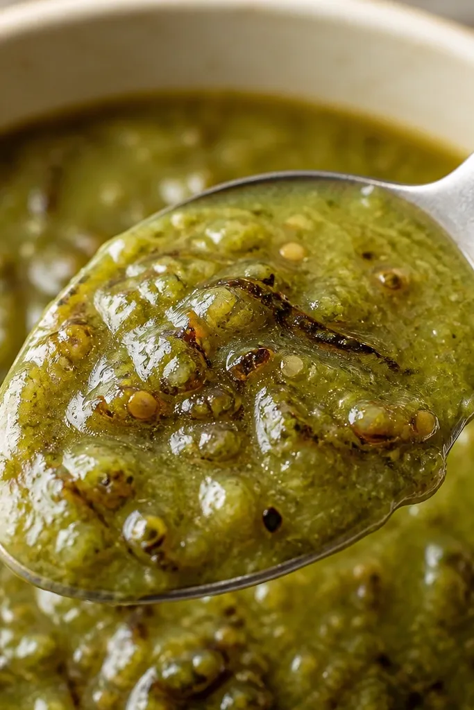 A spoonful close-up where charred onion bits create darker green-brown swirls in the salsa verde.