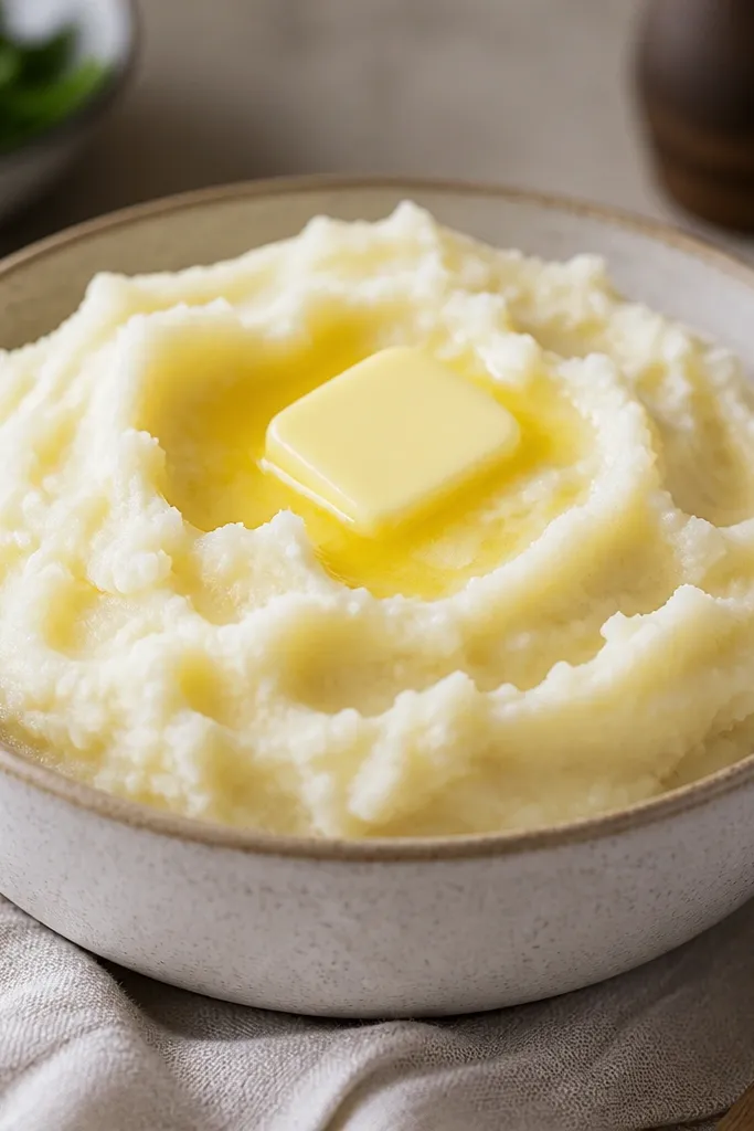 A bowl of white mashed potatoes with a smooth, airy surface and tiny ridges from a ricer, topped with a small pat of butter melting at the center.