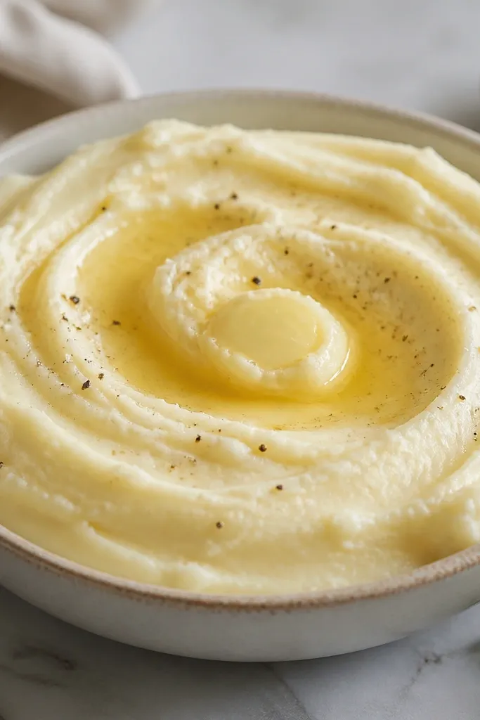 A shallow serving dish with smooth mashed potatoes, a glossy sheen, and a butter swirl in the middle with light specks of black pepper.